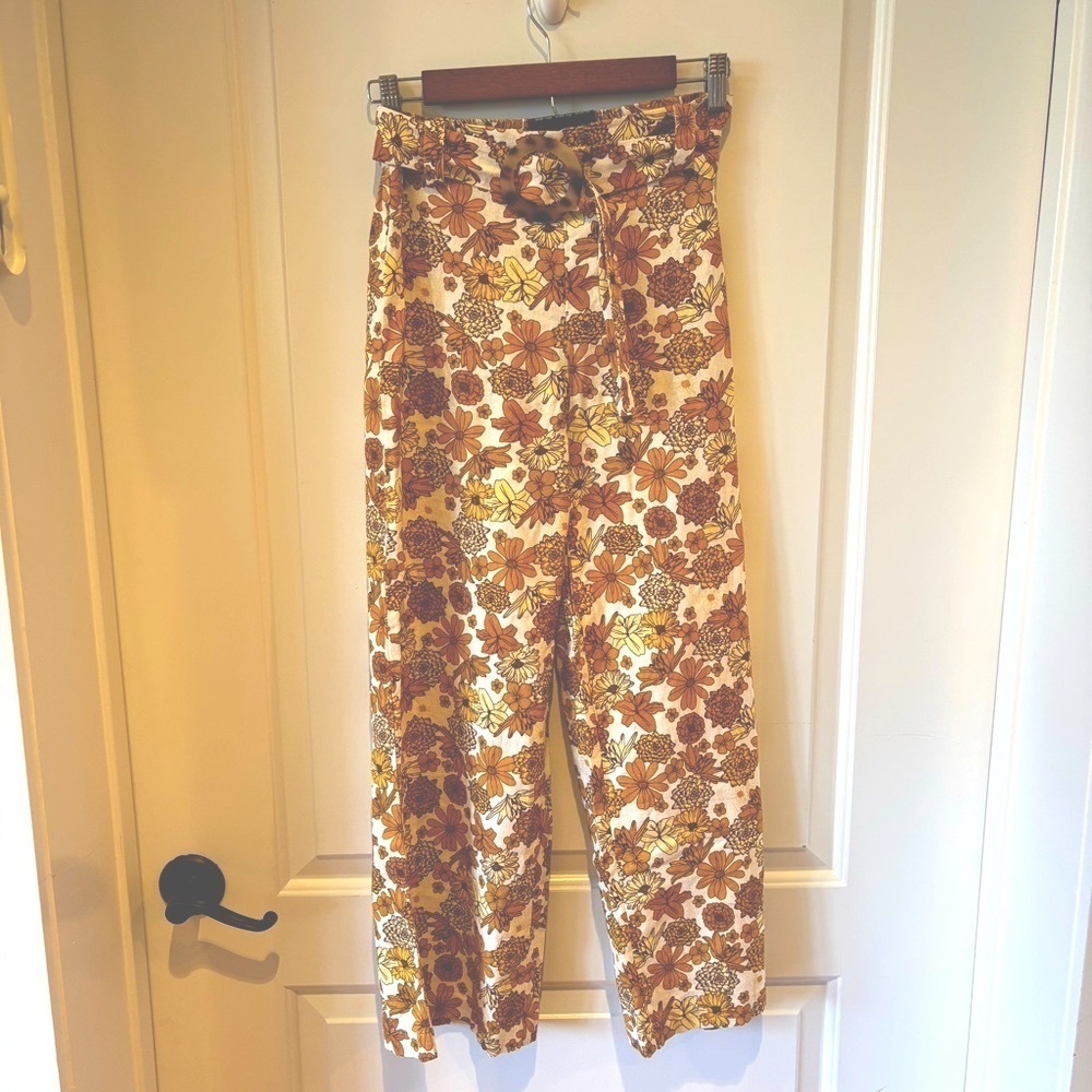 Rachel Zoe Linen Blend Wide Leg Pants XS – Floral Boho Trousers w/ Tortoise Belt